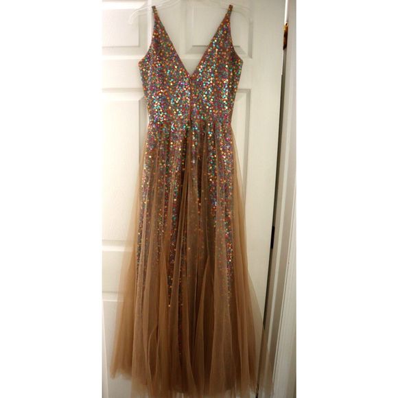 Dress The Population Sz XS Nude/Multi Ensley Sequin Embroidered Tulle Dress $298 - Picture 2 of 13